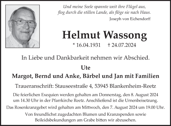 Traueranzeige von Helmut Wassong von WochenSpiegel