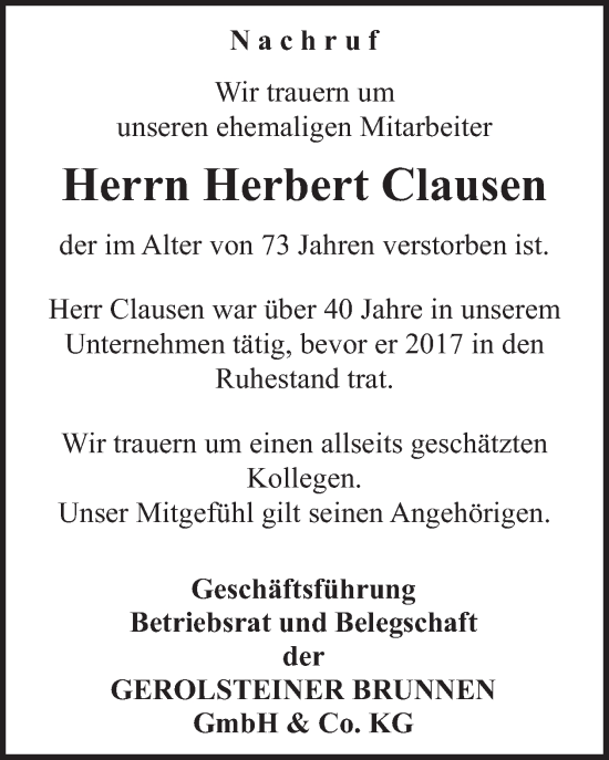 Traueranzeige von Herbert Clausen von WochenSpiegel