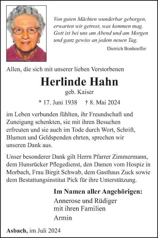 Traueranzeige von Herlinde Hahn von WochenSpiegel