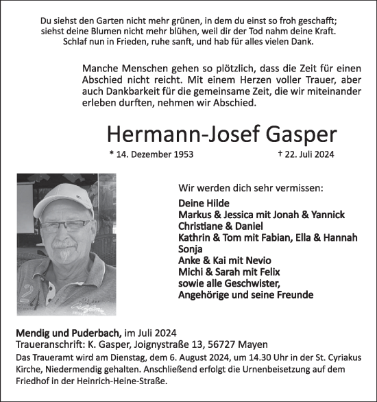 Traueranzeige von Hermann-Josef Gasper von WochenSpiegel