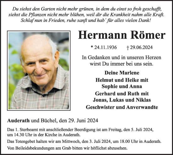 Traueranzeige von Hermann Römer von WochenSpiegel