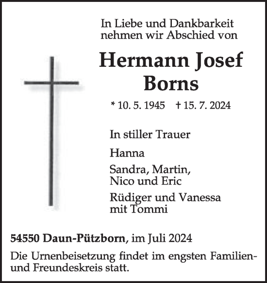 Traueranzeige von Hermann Josef Borns von WochenSpiegel
