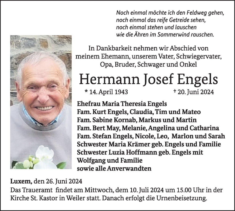  Traueranzeige für Hermann Josef Engels vom 03.07.2024 aus WochenSpiegel