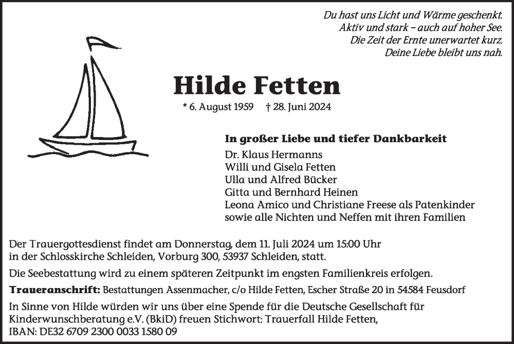  Traueranzeige für Hilde Fetten vom 10.07.2024 aus WochenSpiegel