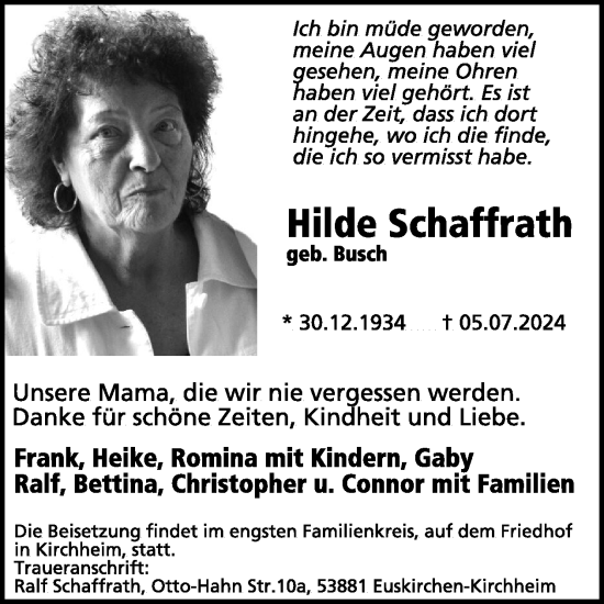 Traueranzeige von Hilde Schaffrath von WochenSpiegel