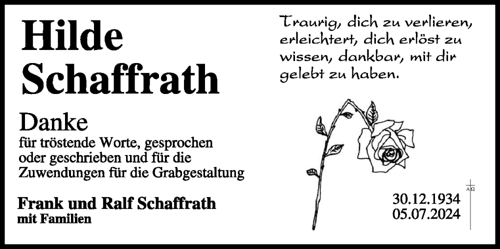  Traueranzeige für Hilde Schaffrath vom 31.07.2024 aus WochenSpiegel