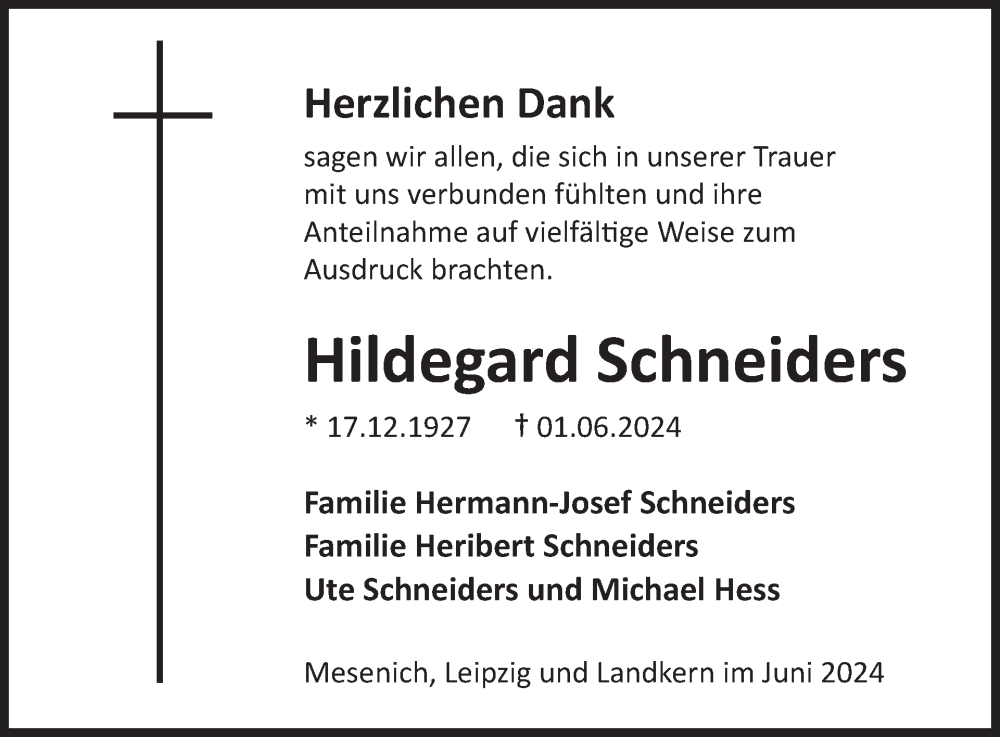  Traueranzeige für Hildegard Schneiders vom 10.07.2024 aus WochenSpiegel