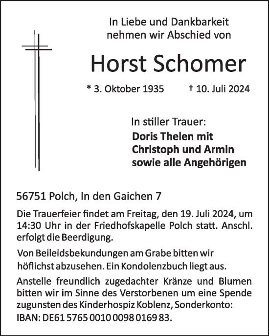Traueranzeige von Horst Schomer von WochenSpiegel