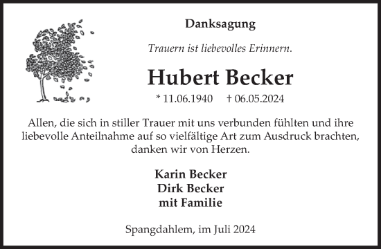 Traueranzeige von Hubert Becker von WochenSpiegel