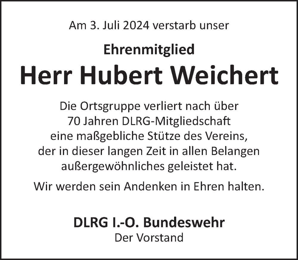  Traueranzeige für Hubert Weichert vom 13.07.2024 aus WochenSpiegel