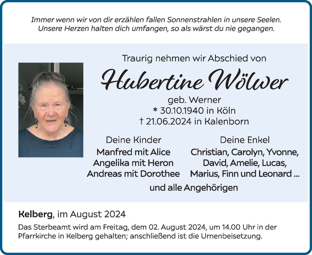  Traueranzeige für Hubertine Wölwer vom 27.07.2024 aus WochenSpiegel
