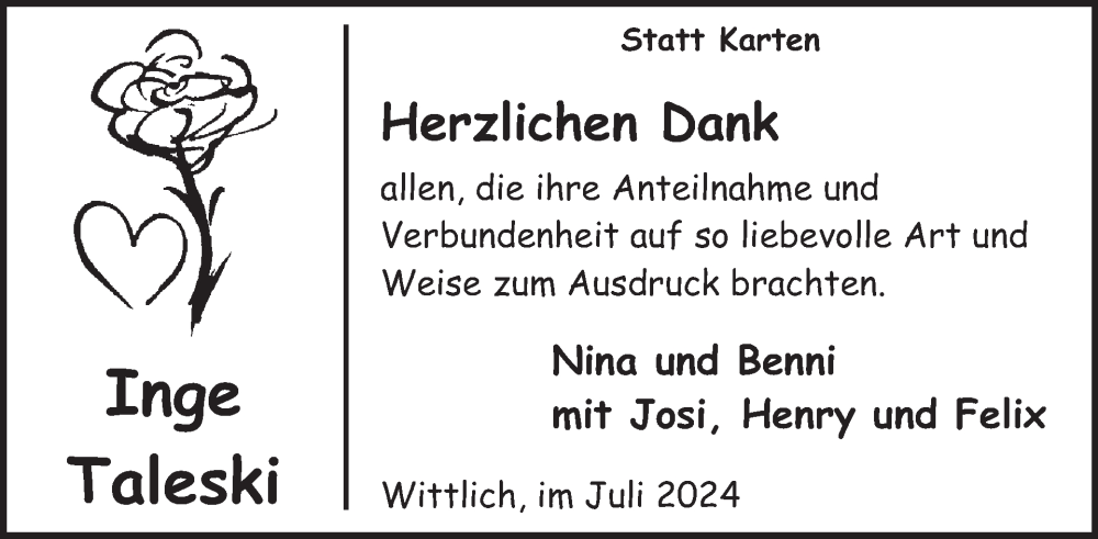  Traueranzeige für Inge Taleski vom 12.07.2024 aus WochenSpiegel