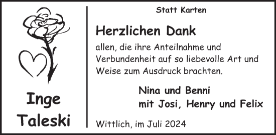 Traueranzeige von Inge Taleski von WochenSpiegel