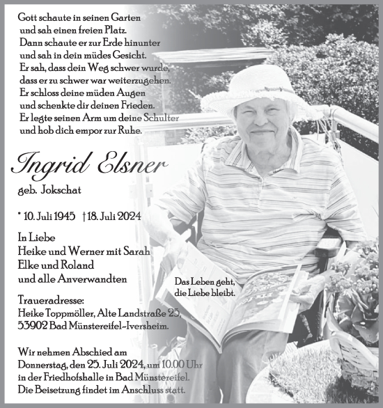 Traueranzeige von Ingrid Elsner von WochenSpiegel