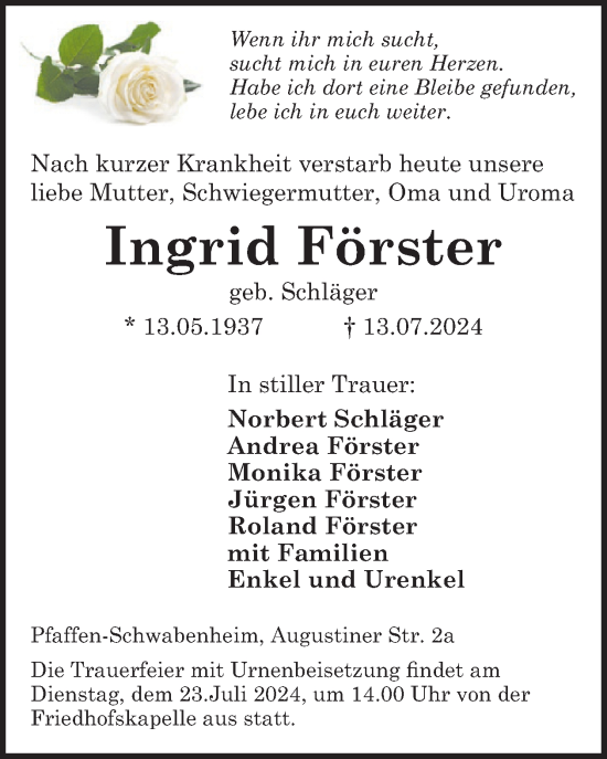 Traueranzeige von Ingrid Förster von WochenSpiegel