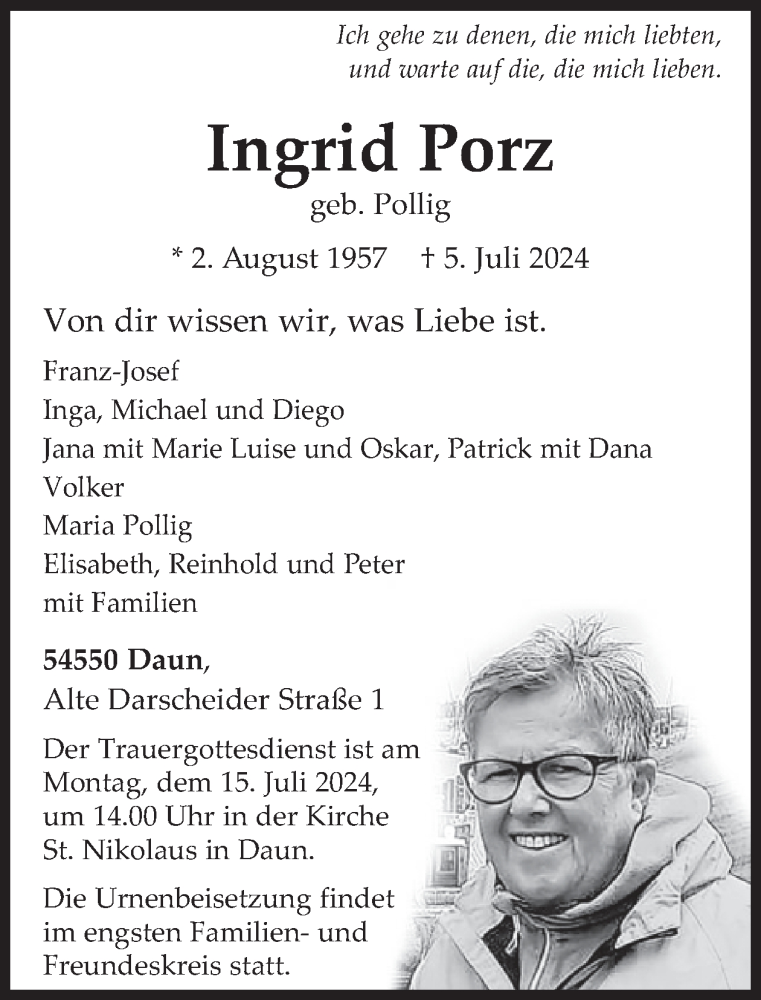  Traueranzeige für Ingrid Porz vom 13.07.2024 aus WochenSpiegel