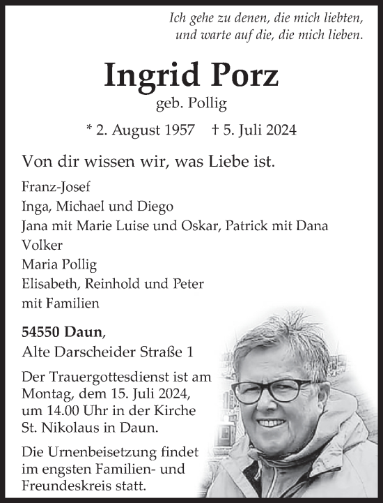 Traueranzeige von Ingrid Porz von WochenSpiegel