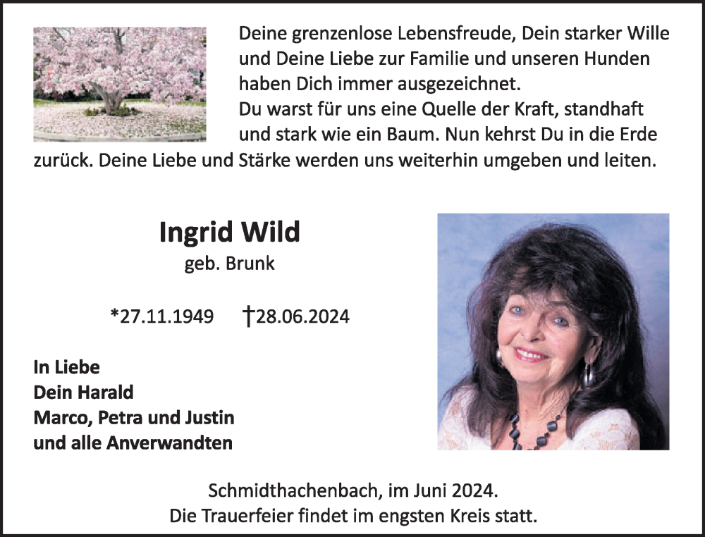  Traueranzeige für Ingrid Wild vom 06.07.2024 aus WochenSpiegel