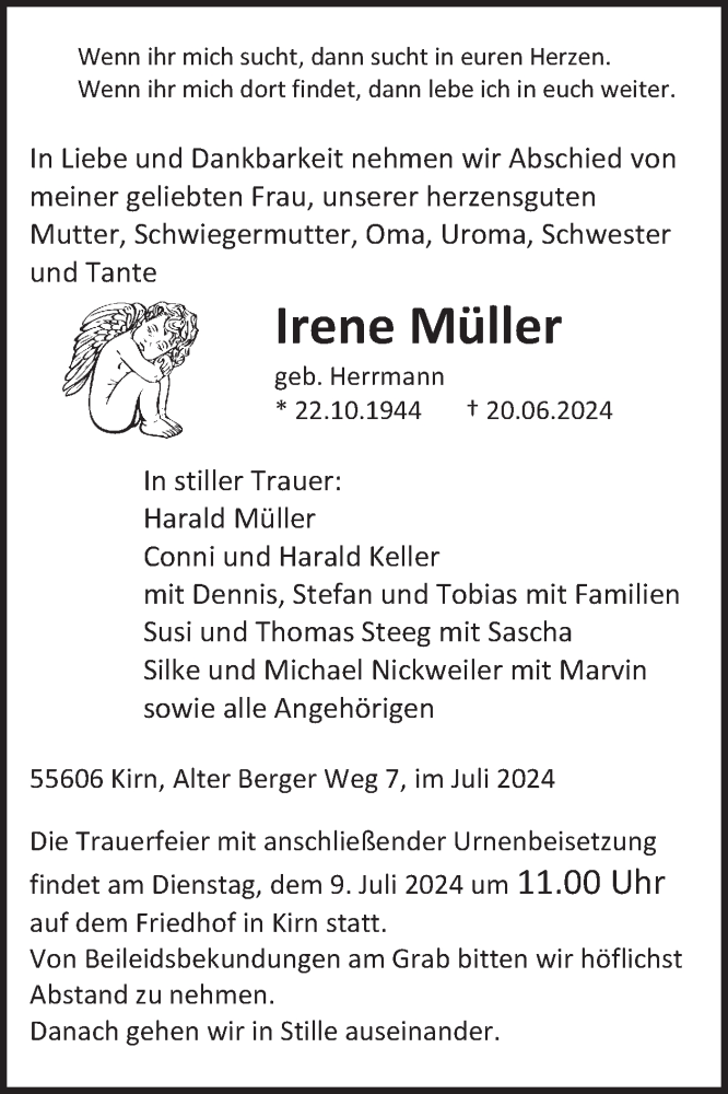  Traueranzeige für Irene Müller vom 06.07.2024 aus WochenSpiegel