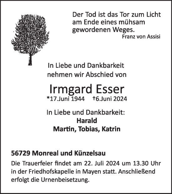 Traueranzeige von Irmgard Esser von WochenSpiegel
