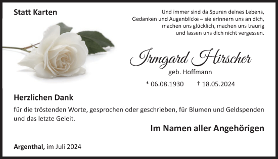 Traueranzeige von Irmgard Hirscher von WochenSpiegel