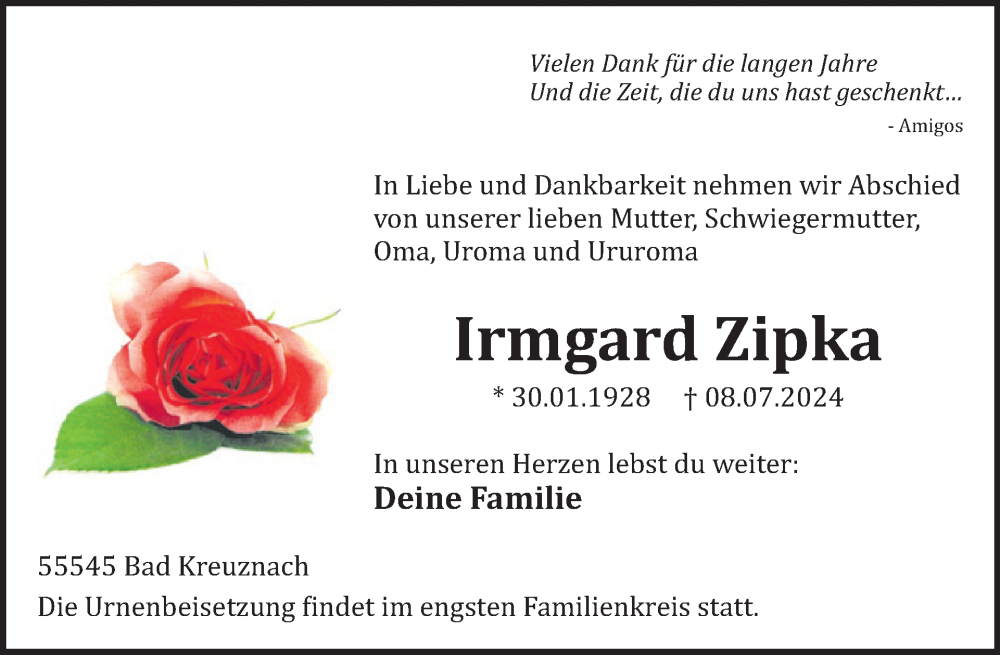  Traueranzeige für Irmgard Zipka vom 27.07.2024 aus WochenSpiegel