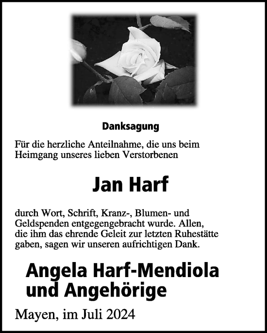Traueranzeige von Jan Harf von WochenSpiegel