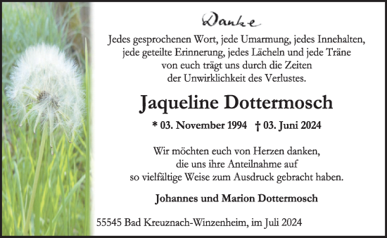 Traueranzeige von Jaqueline Dottermosch von WochenSpiegel