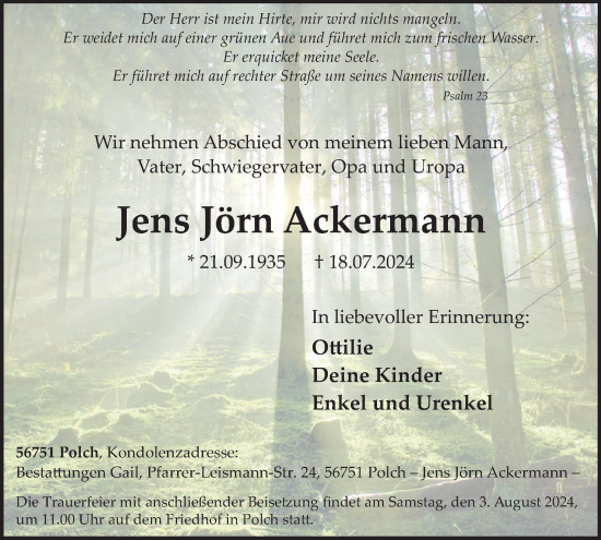 Traueranzeige von Jens Jörn Ackermann von WochenSpiegel