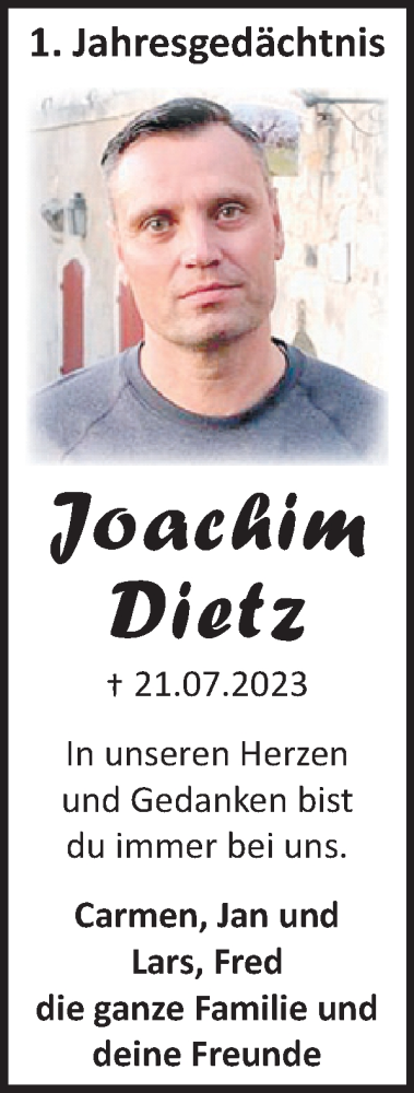 Traueranzeige von Joachim Dietz von WochenSpiegel
