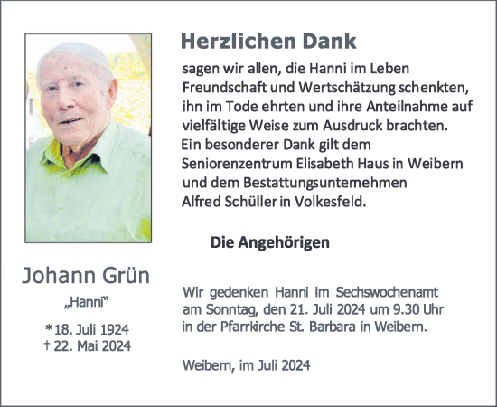 Traueranzeige von Johann Grün von WochenSpiegel