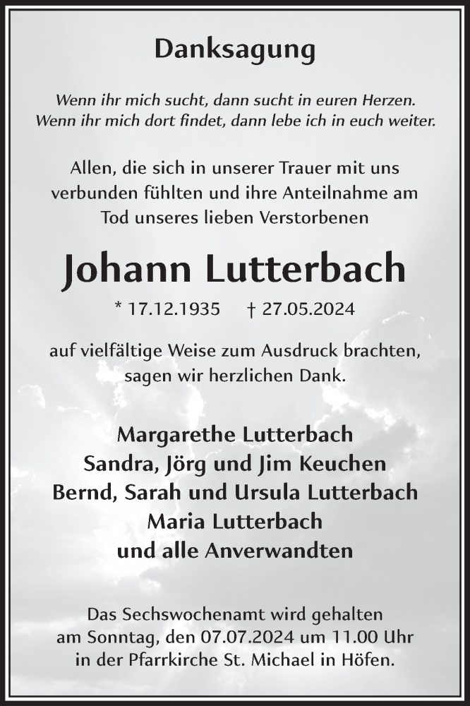  Traueranzeige für Johann Lutterbach vom 03.07.2024 aus WochenSpiegel