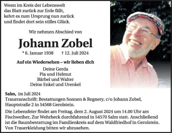 Traueranzeige von Johann Zobel von WochenSpiegel