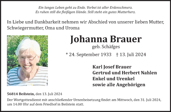 Traueranzeige von Johanna Brauer von WochenSpiegel