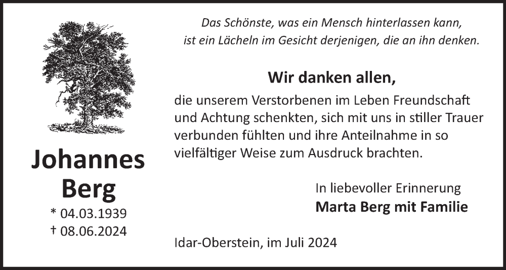  Traueranzeige für Johannes Berg vom 13.07.2024 aus WochenSpiegel