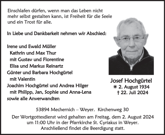 Traueranzeige von Josef Hochgürtel von WochenSpiegel