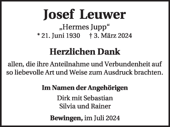 Traueranzeige von Josef Leuwer von WochenSpiegel