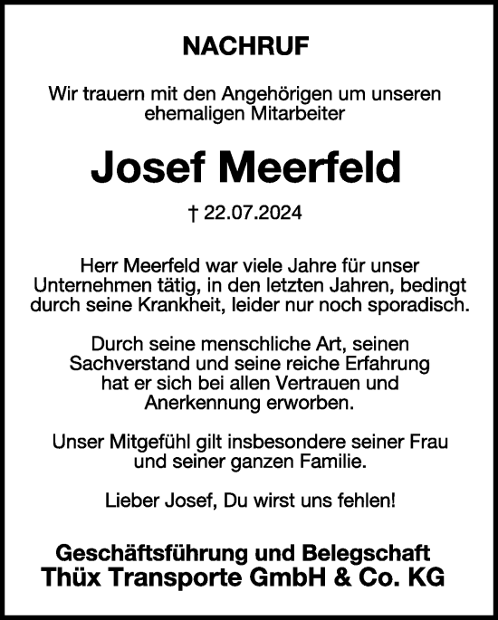 Traueranzeige von Josef Meerfeld von WochenSpiegel