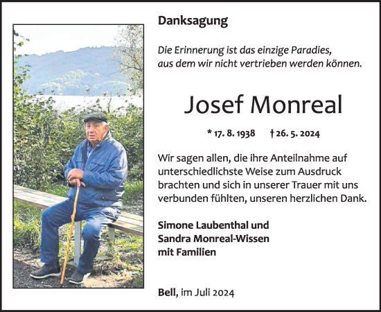 Traueranzeige von Josef Monreal von WochenSpiegel