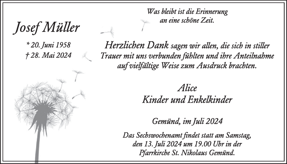  Traueranzeige für Josef Müller vom 03.07.2024 aus WochenSpiegel