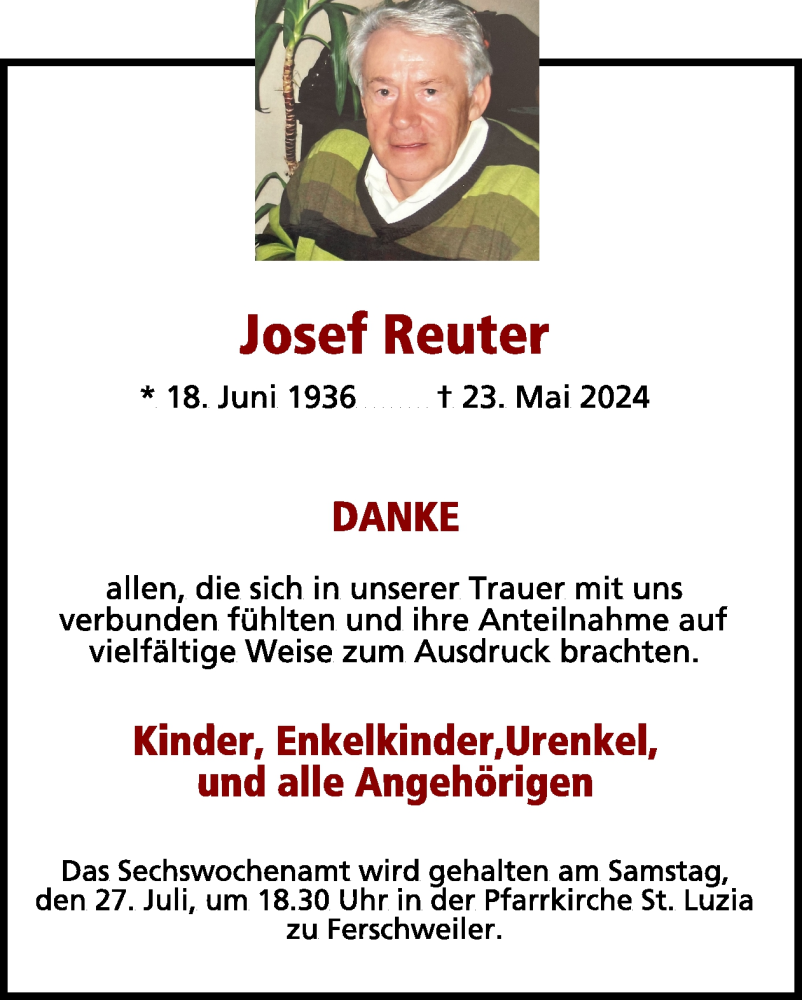  Traueranzeige für Josef Reuter vom 26.07.2024 aus WochenSpiegel
