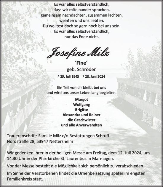 Traueranzeige von Josefine Milz von WochenSpiegel