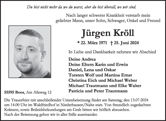 Traueranzeige von Jürgen Kröll von WochenSpiegel