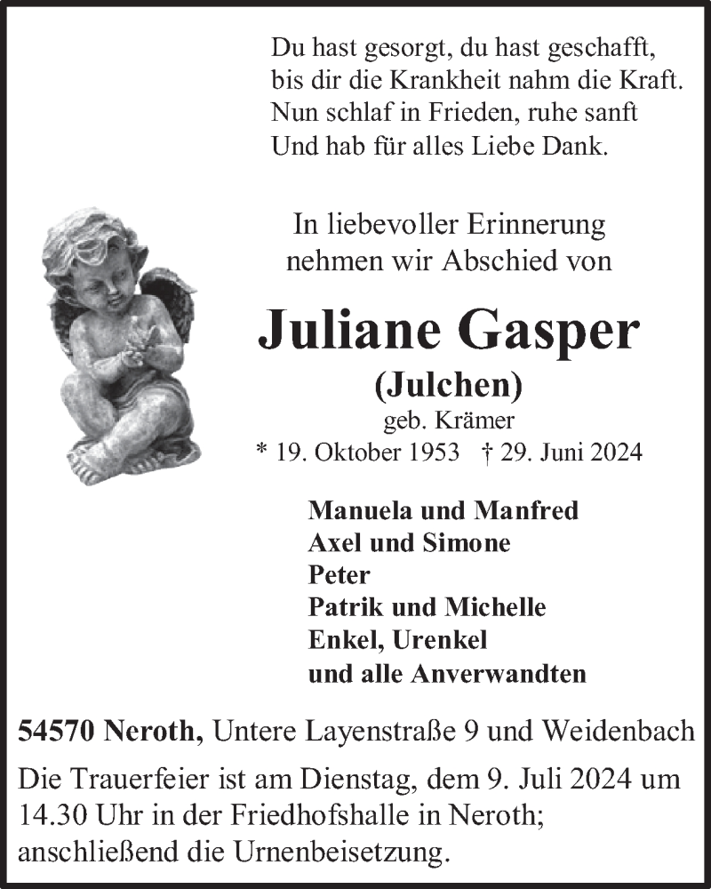  Traueranzeige für Juliane Gasper vom 06.07.2024 aus WochenSpiegel