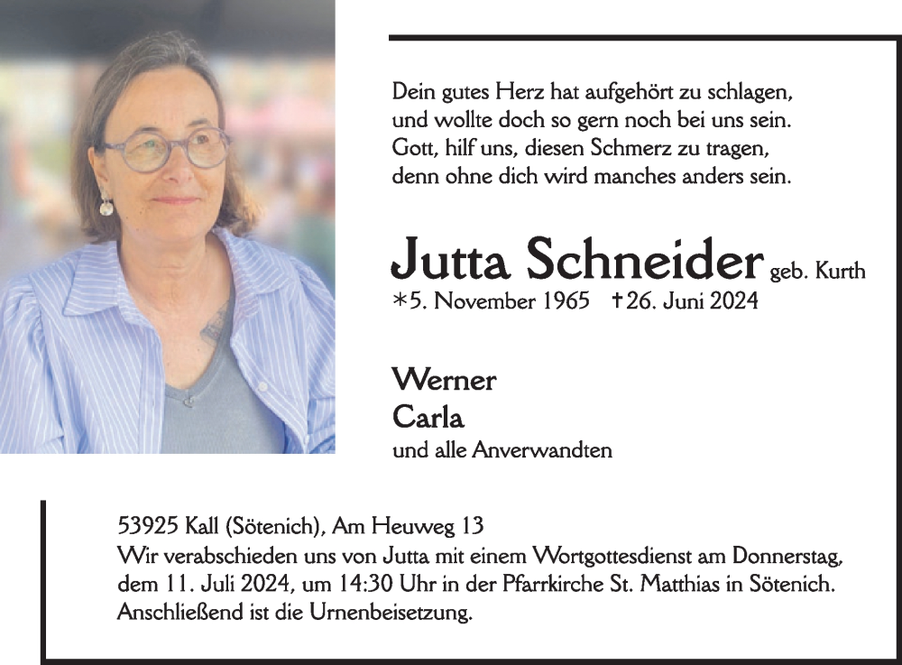  Traueranzeige für Jutta Schneider vom 03.07.2024 aus WochenSpiegel