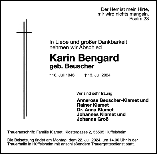 Traueranzeige von Karin Bengard von WochenSpiegel