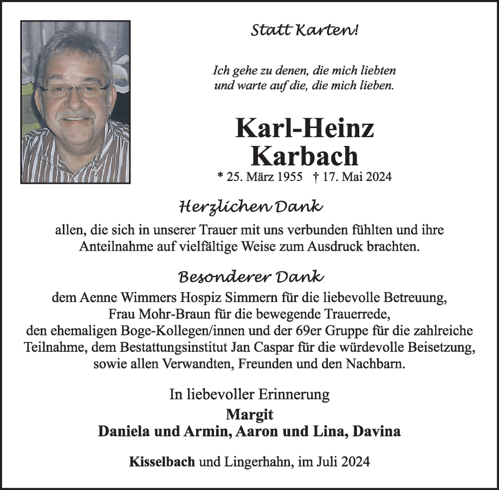  Traueranzeige für Karl-Heinz Karbach vom 13.07.2024 aus WochenSpiegel
