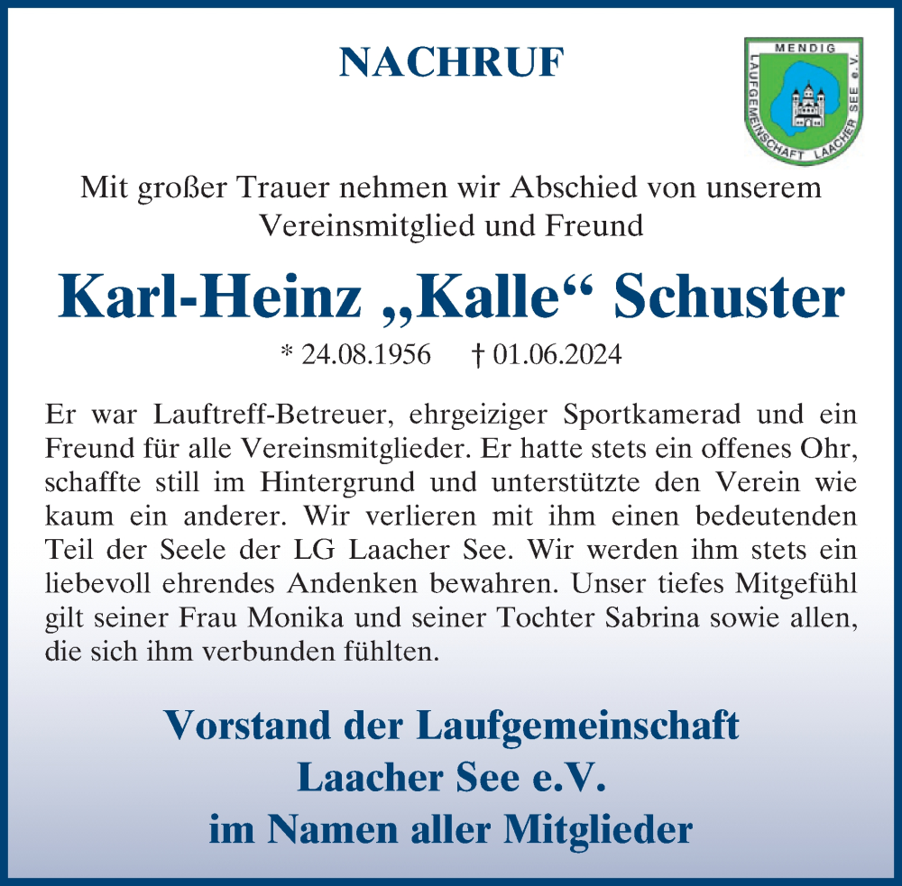  Traueranzeige für Karl-Heinz Schuster vom 10.07.2024 aus WochenSpiegel