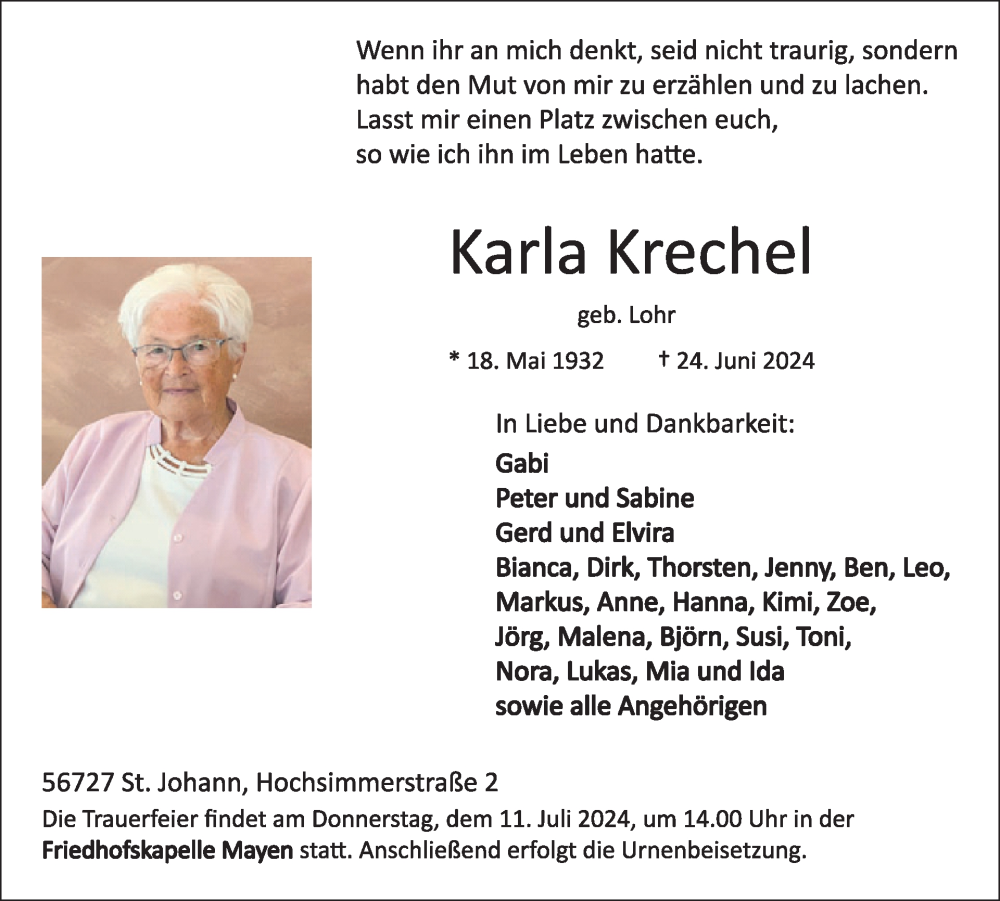  Traueranzeige für Karla Krechel vom 03.07.2024 aus WochenSpiegel