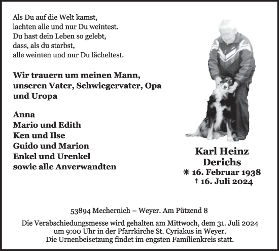 Traueranzeige von Karl Heinz Derichs von WochenSpiegel
